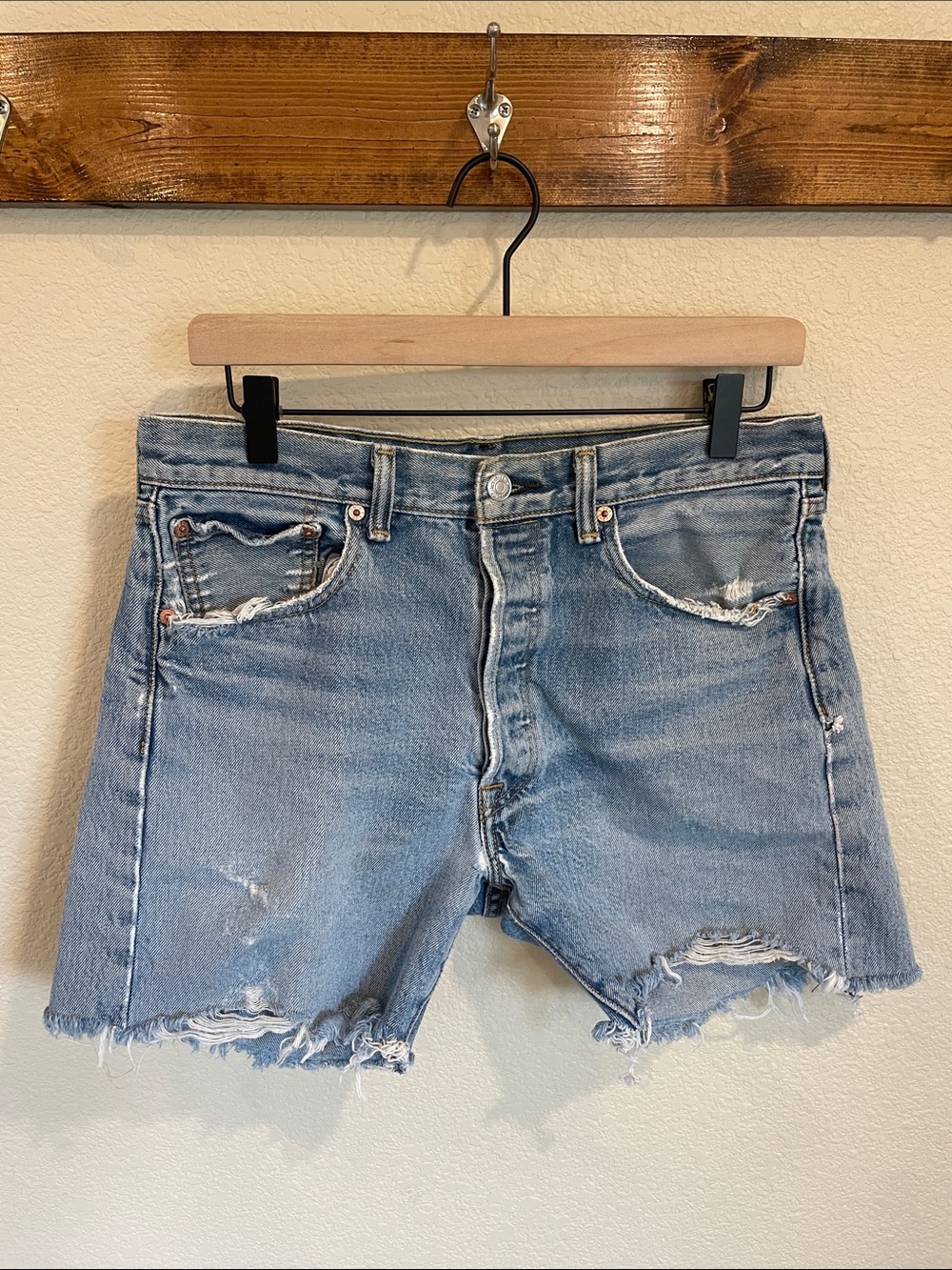 Levi's 501 Light Blue Distressed Denim Cutoff Shorts 31 Button Fly Western